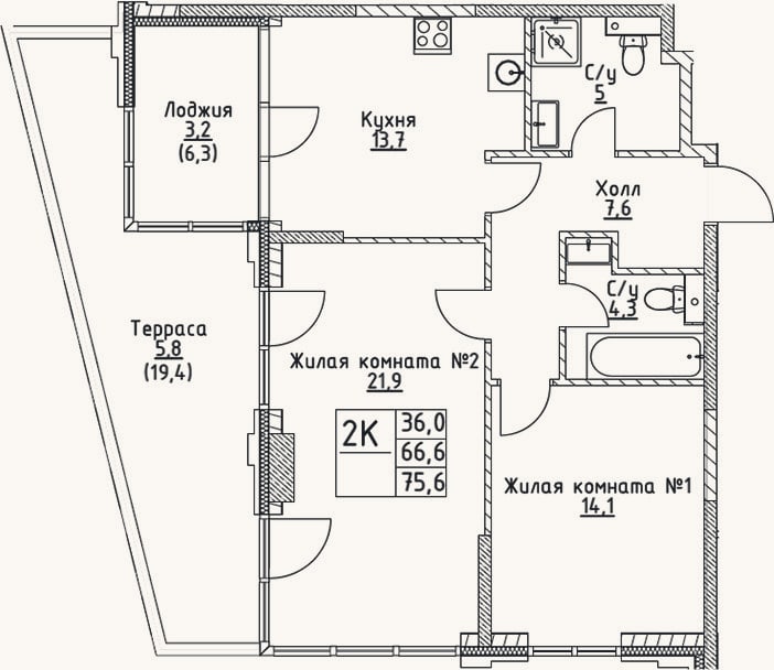 Планировка: 2-к, 66,6 м²