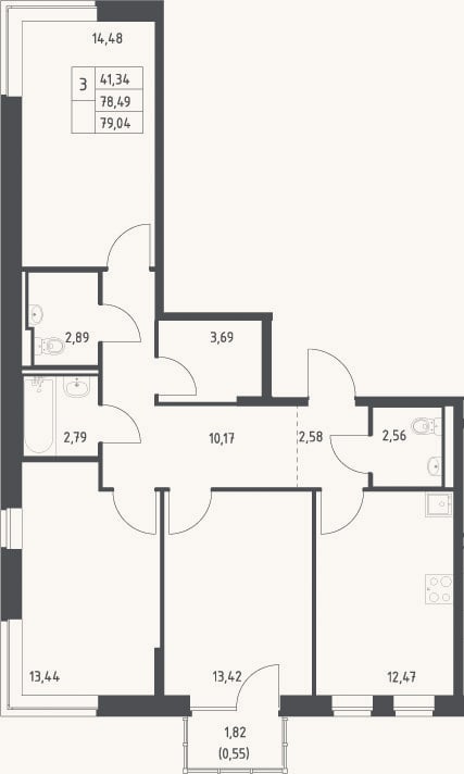 Планировка: 3-к, 78,5 м²