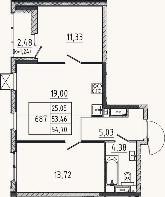 Планировка: 3-к, 53,5 м²