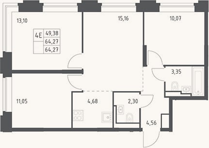 Планировка: 4+ к, 64,3 м²
