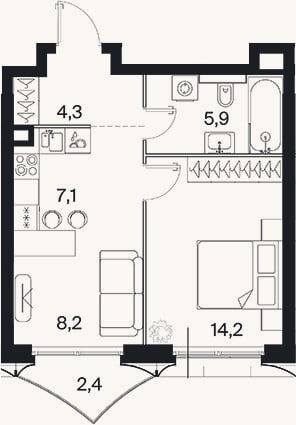 Планировка: 2-к, 39,8 м²