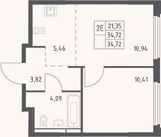 Планировка: 2-к, 34,7 м²