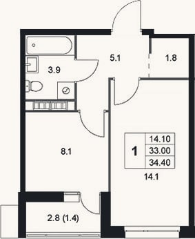 Планировка: 1-к, 33 м²