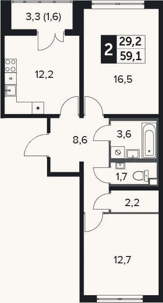Планировка: 2-к, 58,5 м²