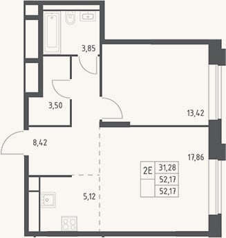 Планировка: 2-к, 52,2 м²