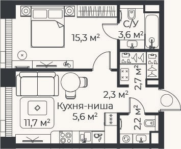 Планировка: 2-к, 43,3 м²