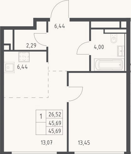 Планировка: 2-к, 45,7 м²