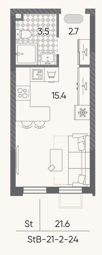 Планировка: Студия, 21,6 м²