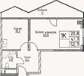 Планировка: 1-к, 41,7 м²