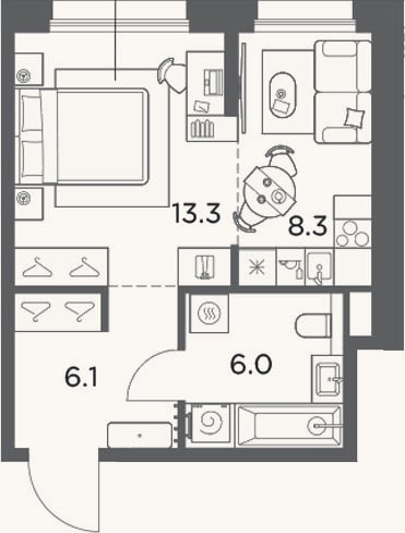 Планировка: Студия, 33,7 м²