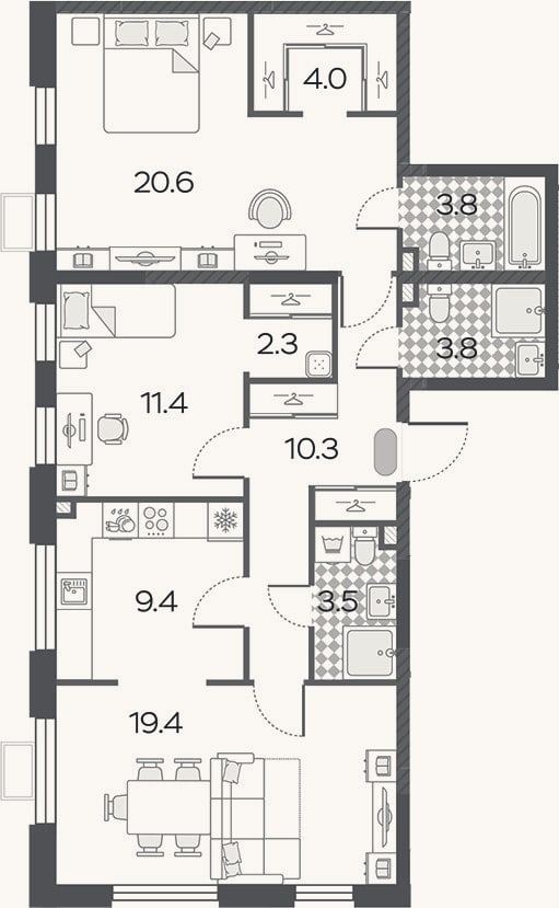 Планировка: 3-к, 88,5 м²