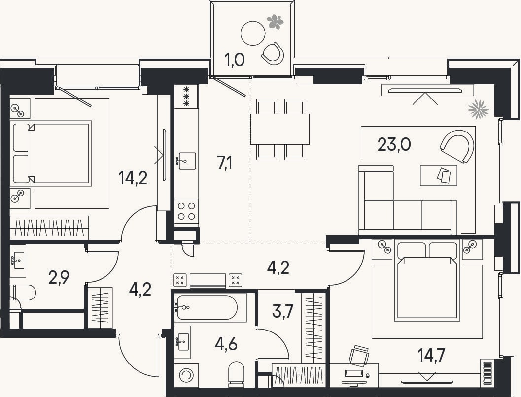 Планировка: 3-к, 78,6 м²