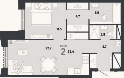 Планировка: 2-к, 52,4 м²
