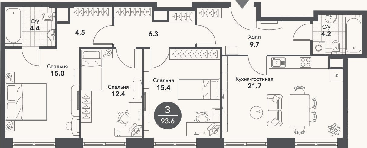 Планировка: 4+ к, 93,6 м²