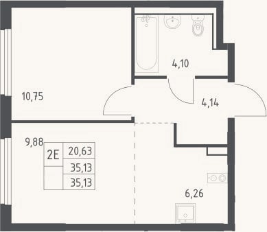 Планировка: 2-к, 35,1 м²