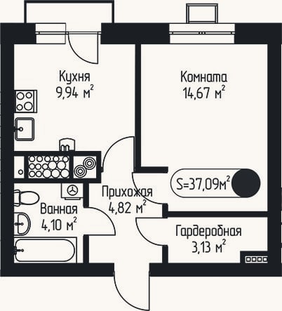 Планировка: 1-к, 36,7 м²