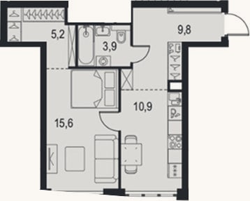 Планировка: 1-к, 45,4 м²