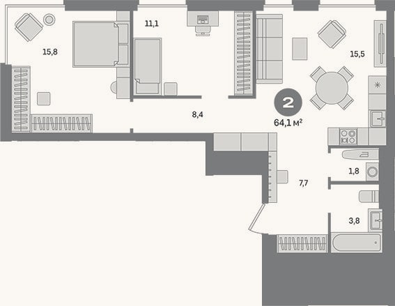 Планировка: 2-к, 64,1 м²