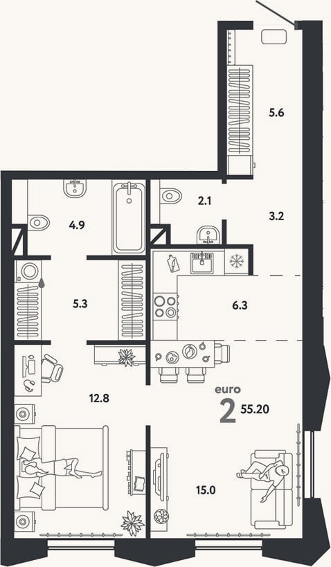 Планировка: 2-к, 55,2 м²