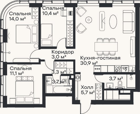 Планировка: 4+ к, 85,8 м²