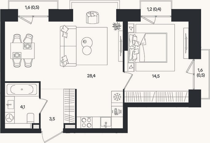 Планировка: 2-к, 50,5 м²