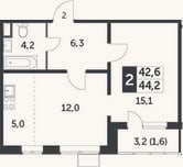 Планировка: 2-к, 42,6 м²