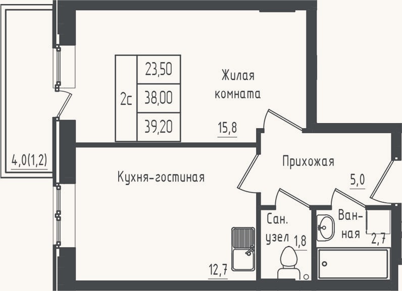 Планировка: 1-к, 38 м²