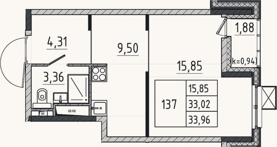Планировка: Студия, 33 м²