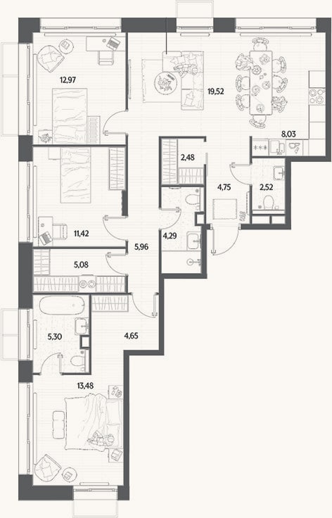 Планировка: 4+ к, 100,5 м²