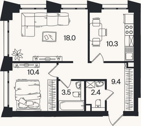 Планировка: 2-к, 54 м²