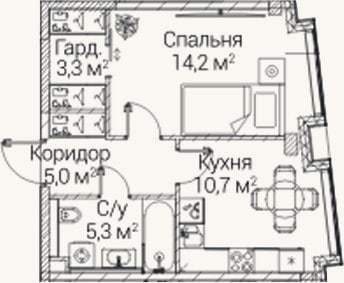 Планировка: 1-к, 38,5 м²