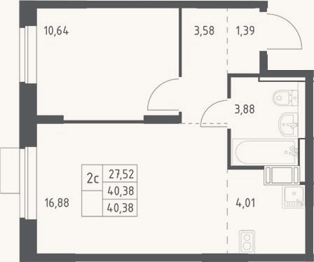 Планировка: 2-к, 40,4 м²