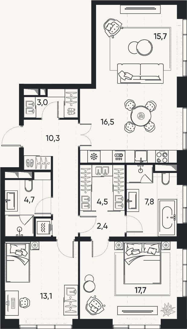 Планировка: 3-к, 95,7 м²
