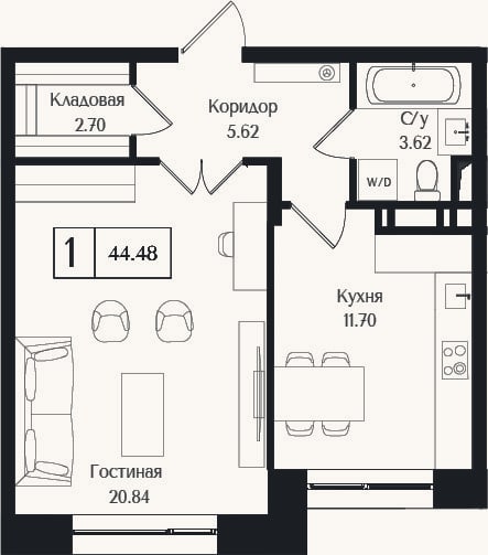 Планировка: 1-к, 44,5 м²