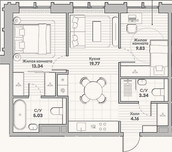Планировка: 2-к, 55,5 м²
