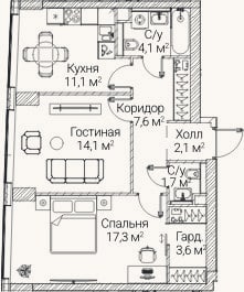Планировка: 2-к, 61,6 м²