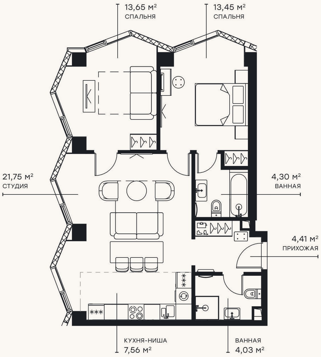Планировка: 3-к, 68,1 м²