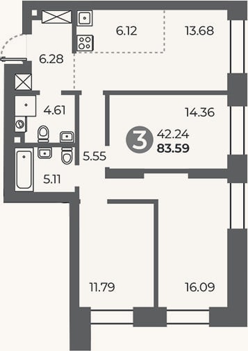 Планировка: 3-к, 83,6 м²