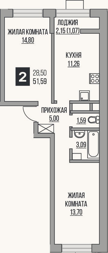 Планировка: 2-к, 49,4 м²