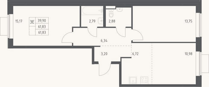 Планировка: 3-к, 61,8 м²