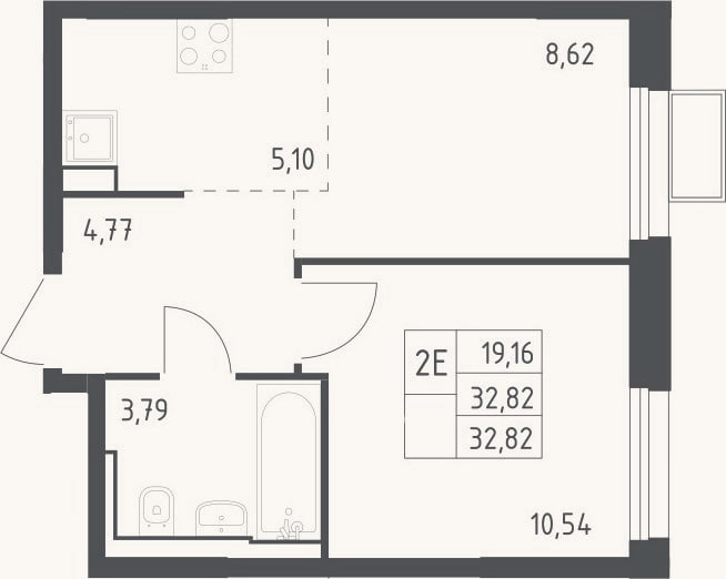 Планировка: 2-к, 32,8 м²