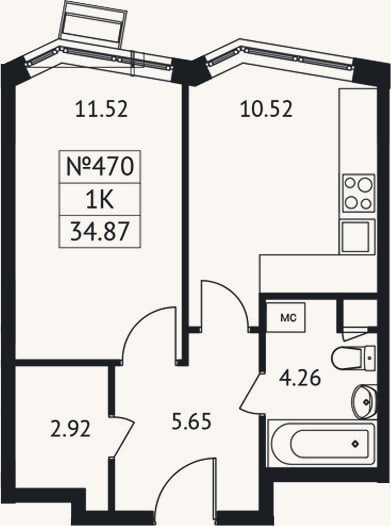 Планировка: 1-к, 34,9 м²
