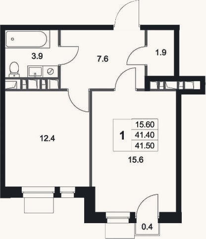 Планировка: 1-к, 41,4 м²