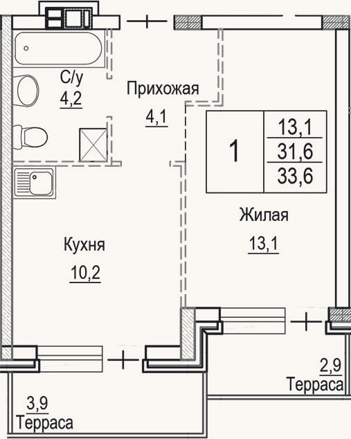 Планировка: 1-к, 31,6 м²