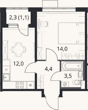 Планировка: 1-к, 33,9 м²