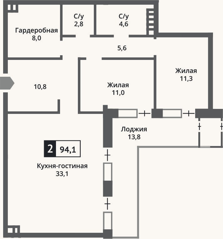 Планировка: 3-к, 86,9 м²