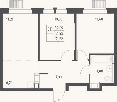 Планировка: 3-к, 51,2 м²
