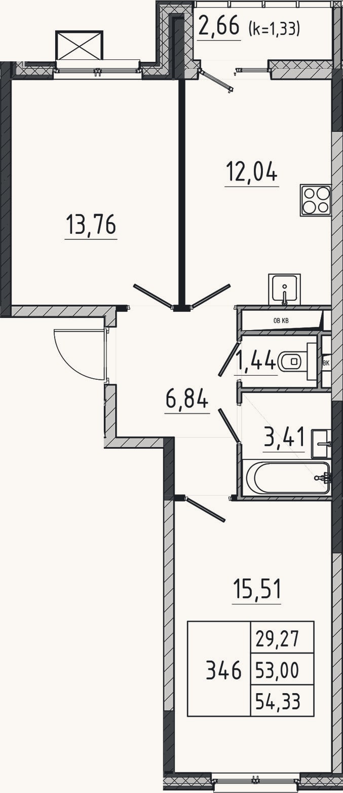 Планировка: 2-к, 53 м²