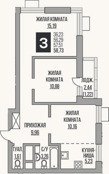 Планировка: 3-к, 56,3 м²