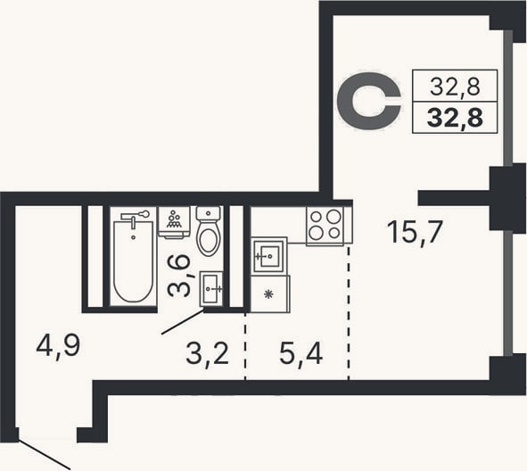 Планировка: Студия, 32,8 м²